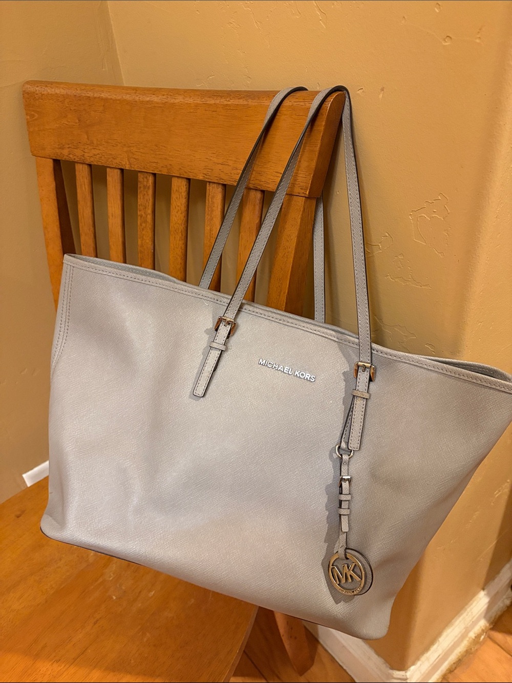 Michael Kors Gray Saffiano Leather Tote with MK Charm